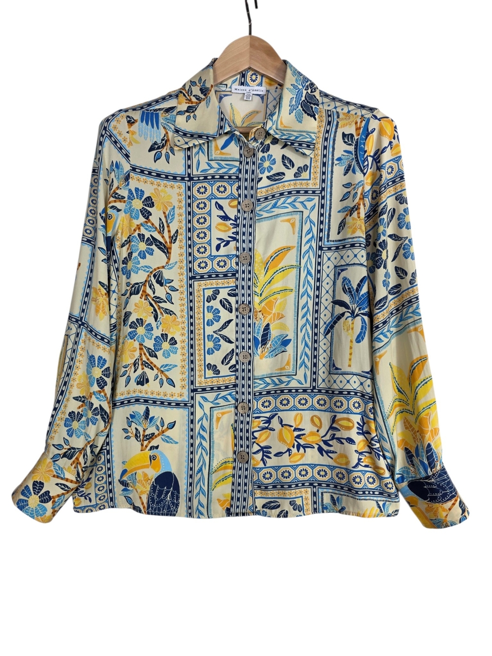 Anthropologie Maison d'Amelie Satin Button-Down Shirt Botanical & bird Patchwork
